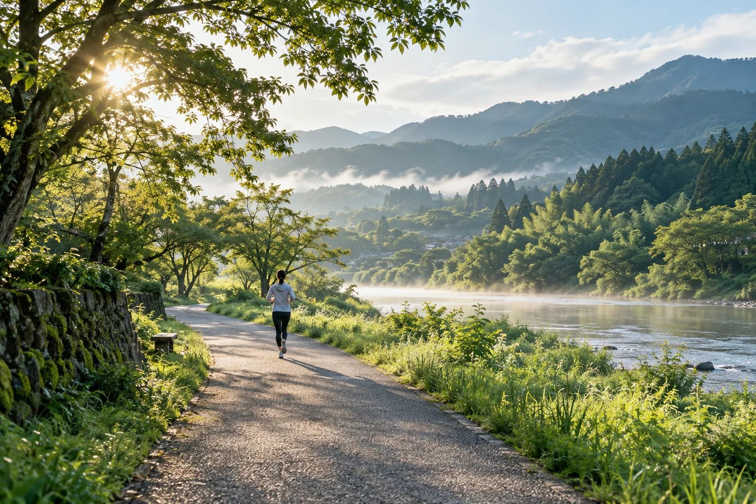 朝の川沿いを走る人と、緑の山並み。AI生成のイメージ。