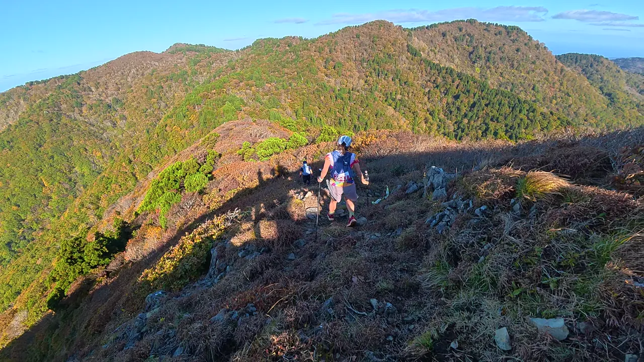 秋の山並みと、その手前のトレイルを進むランナー。